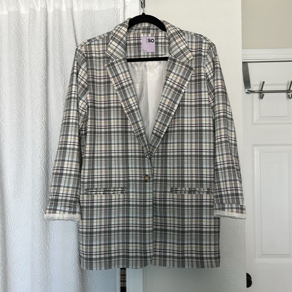 Ivory Multicolor Plaid Oversized Single Button Blazer by SO - Picture 1 of 10
